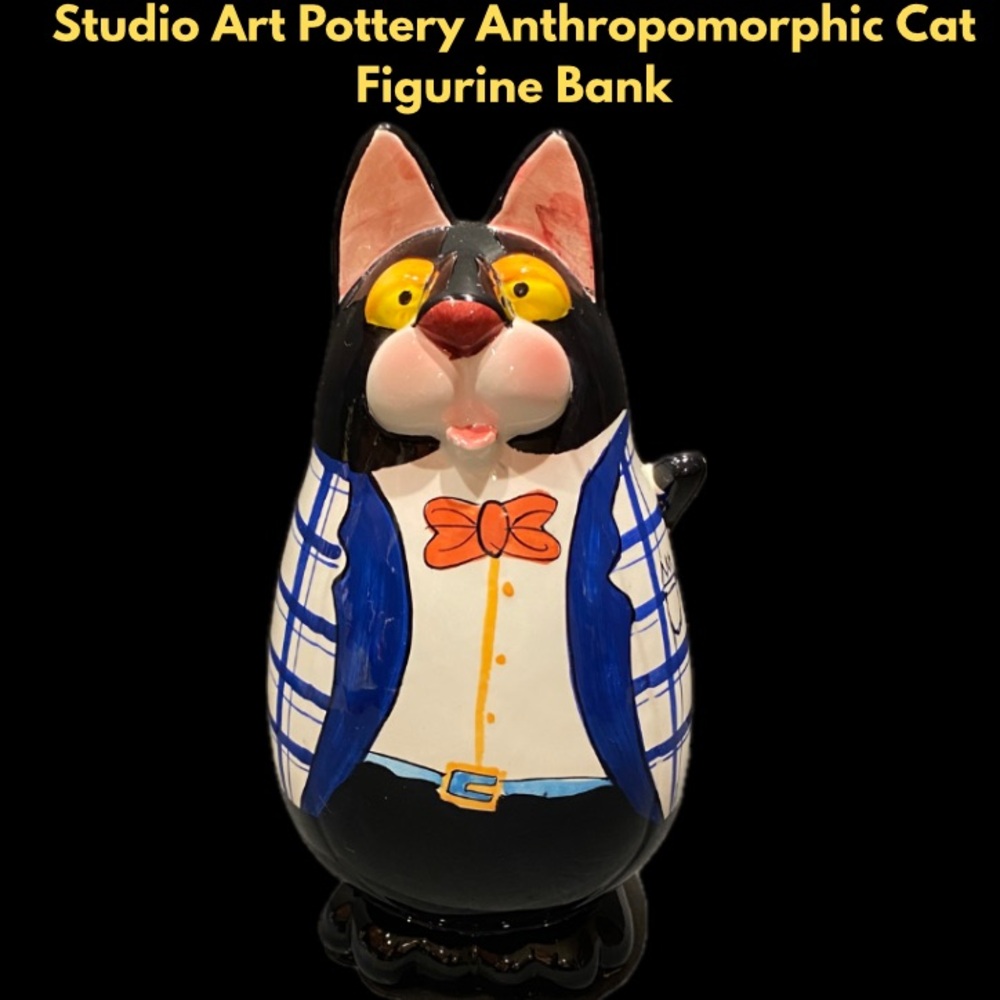 Studio Art Pottery Anthropomorphic Cat Figurine Bank